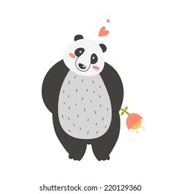 Cute vector cartoon  panda with flower isolated on white background