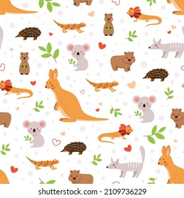 Cute vector cartoon pattern with baby animals. Childish seamless background with fauna of Australia - funny kangaroo, koala, echidna, wombat and lizards