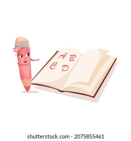 Cute vector cartoon pencil of pink color, near an open blank notebook. Isolated on white background