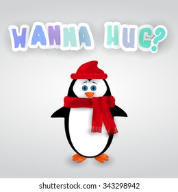 Cute vector cartoon penguin in red hat and scarf wants to hug