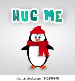 Cute vector cartoon penguin in red hat and scarf wants to hug