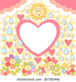 Cute vector cartoon photo frame. Baby shower card. Scrapbook elements. Vector illustration. Cute flowers, drops, hearts and clouds.