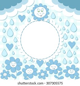 Cute vector cartoon photo frame. Baby shower card. Scrapbook elements. Vector illustration. Cute flowers, drops, hearts and clouds.