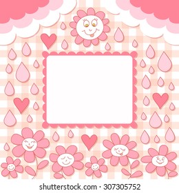 Cute vector cartoon photo frame. Baby shower card. Scrapbook elements. Vector illustration. Cute flowers, drops, hearts and clouds.