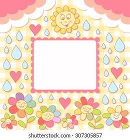 Cute vector cartoon photo frame. Baby shower card. Scrapbook elements. Vector illustration. Cute flowers, drops, hearts and clouds.