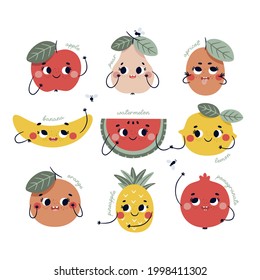 Cute vector cartoon poster with funny fruits characters: Apple, Pear, Apricot, Banana, Watermelon, Lemon, Orange, Pineapple, Pomegranate. Cartoon illustration for nursery room decor, children design