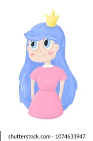 Cute vector cartoon princess character with blue hair