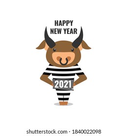 Cute vector cartoon prison bull in stripes prisoner robe and nameplate 2021. Happy New Year card. Chinese new year ox symbol on white background
