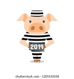 Cute vector cartoon prison pig in stripes prisoner robe and nameplate 2019. Happy New Year card. Chinese symbol on white background