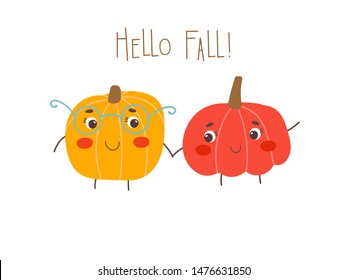 Cute vector cartoon pumpkins characters. Hand drawn autumn illustration isolated on a white background.