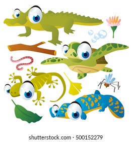 cute vector cartoon reptile collection. colorful illustrations of alligator, sea turtle, gecko, lizard