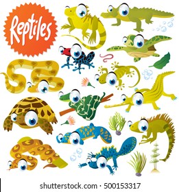 cute vector cartoon reptile collection. colorful illustrations of boa, python, anaconda, iguana, lizard, moloch, crocodile, alligator, turtle, tortoise, newt, salamander, gecko, tree frog and toad