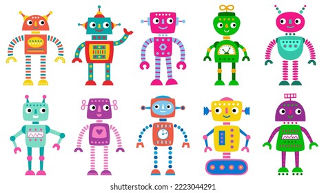 Cute vector cartoon robots, colorful clip art set