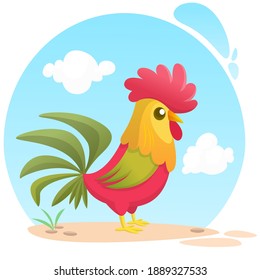 Cute vector cartoon rooster illustration isolated on summer meadow background