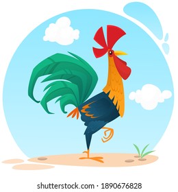Cute vector cartoon rooster illustration isolated on summer meadow background