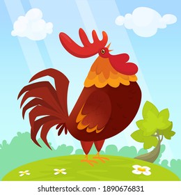 Cute vector cartoon rooster illustration isolated on summer meadow background