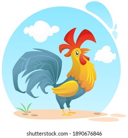 Cute vector cartoon rooster illustration isolated on summer meadow background