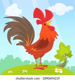 Cute vector cartoon rooster illustration isolated on summer meadow background