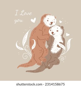 Cute Vector cartoon sea otters lovely family against of leaves, algae and hearts on beige background. Mother and father sea otters are swiming and hugging. Marine mammals Valentine's card illustration