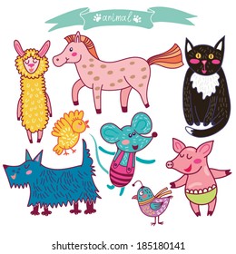 Cute Vector cartoon set "Animals" - home pets in bright colors.