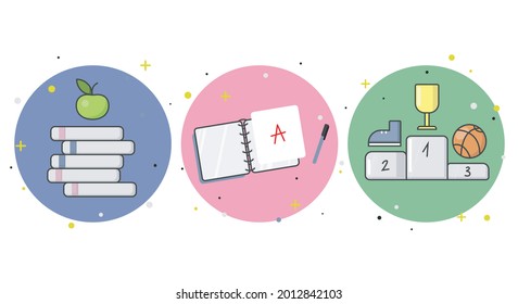 Cute vector cartoon set illustrations icons and pictograms with school supplies and symbols. Books and apple, school notebook with excellent grade, sport pedestal with basketball and trophy.