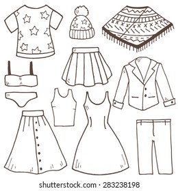 Cute vector cartoon set with woman clothing icons in vintage style