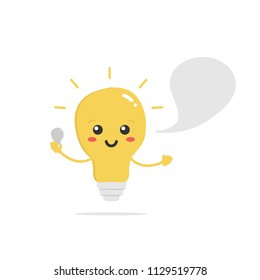 Cute vector cartoon shining light bulb, lamp character with empty speech bubble and bulb in hand. Concept of electricity knowledge and advices for kids and adults.