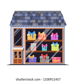 Cute vector cartoon shop of presents in a house with blue tile roof. Bright building illustration. European street. Colorful town elements.Traditional architecture. Boxes with bows. Buying gifts