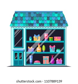Cute vector cartoon shop of presents and beauty bottles in a house with blue tile roof. Bright building illustration. European street. Colorful town elements.Traditional architecture. Buying gifts
