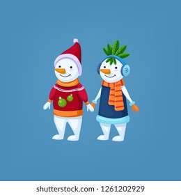 Cute vector cartoon snowmen pair 