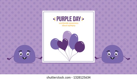 Cute vector cartoon style blob characters holding card, informing about Purple Day, worldwide awereness about epilepsy.