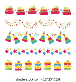 Cute vector cartoon style borders set, collection with birthday cakes, stars, garlands, party hats and gifts for party and birthday design.