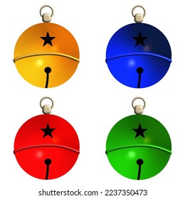 Cute vector cartoon style Christmas jingle bells set in blue, red , green and gold color on a white background. Christmas symbol concept for decoration design.