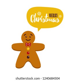 Cute vector cartoon style gingerbread man character wishing Merry Christmas. 