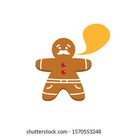 Cute vector cartoon style gingerbread man character with speech bubble.