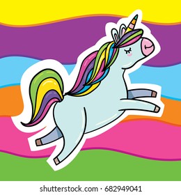 Cute vector cartoon style outlined illustration of fancy beautiful unicorn horse flying on rainbow background