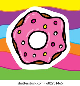 Cute vector cartoon style outlined illustration of fancy tasty sweet pink donut on rainbow background