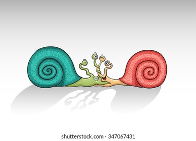 Cute vector cartoon style snails in love. Saint Valentine romantic vector illustration with shadow.