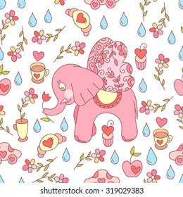 Cute vector cartoon sweet hand drawn seamless pattern. Cute vector print with sweets and flowers.