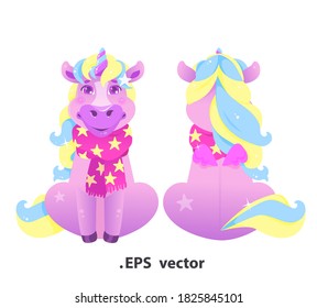 Cute vector cartoon unicorn, front and back view. Children's toy, postcard for kids, t-shirt print