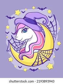 Cute vector cartoon unicorn witch and spider web, halloween character