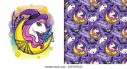 Cute vector cartoon unicorn witch and spider web, halloween character and seamless pattern