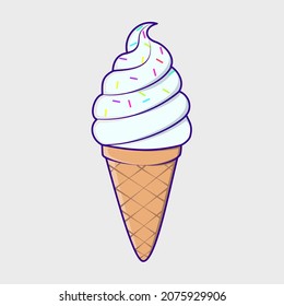 Cute Vector cartoon of waffle ice cream cone, white vanilla flavor with sprinkles. Flat style illustration. 