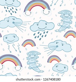 Cute vector cartoon weather clouds and rainbow . Seamless repeat pattern with  thunder, rain, lightening , tornado twister. Flat color in kawaii happy face style for kids.