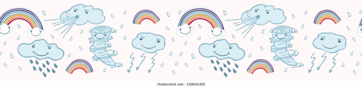 Cute vector cartoon weather clouds and rainbow . Seamless repeat border with thunder, rain, lightening , tornado twister. Flat color banner ribbon in kawaii happy face style for kids.