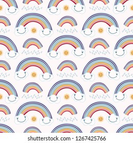 Cute vector cartoon weather with rain, sun happy clouds and rainbow. Seamless repeat pattern with raindrops. Flat color in kawaii face style for kids.