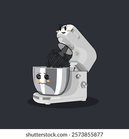 cute vector cartoon of a white cake dough mixer who is mischievous and feels happy with the basin he is spinning and feels dizzy