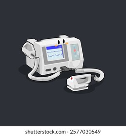 cute vector cartoon of a white defibrillator or shock device trying to save a patient