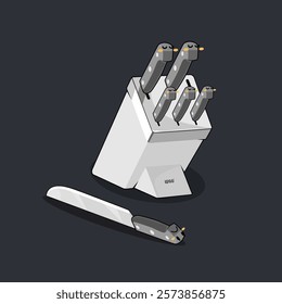 Cute vector cartoon white knife holder with knives resting but one knife is sad because it can't rest there