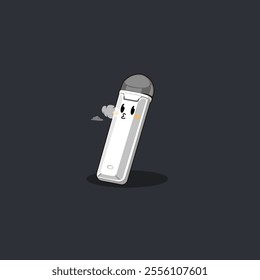 cute vector cartoon of white vape pod or e-cigarette exhaling smoke